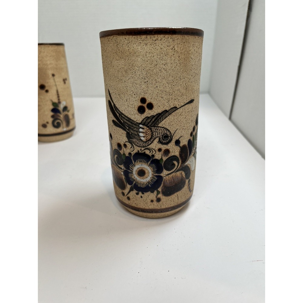 Tonala Pottery Cups Painted Blue Flowers Bird Stone Ware Lot Of 5 Netzi Mexico - Picture 16 of 16